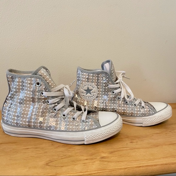 silver sequin high top converse